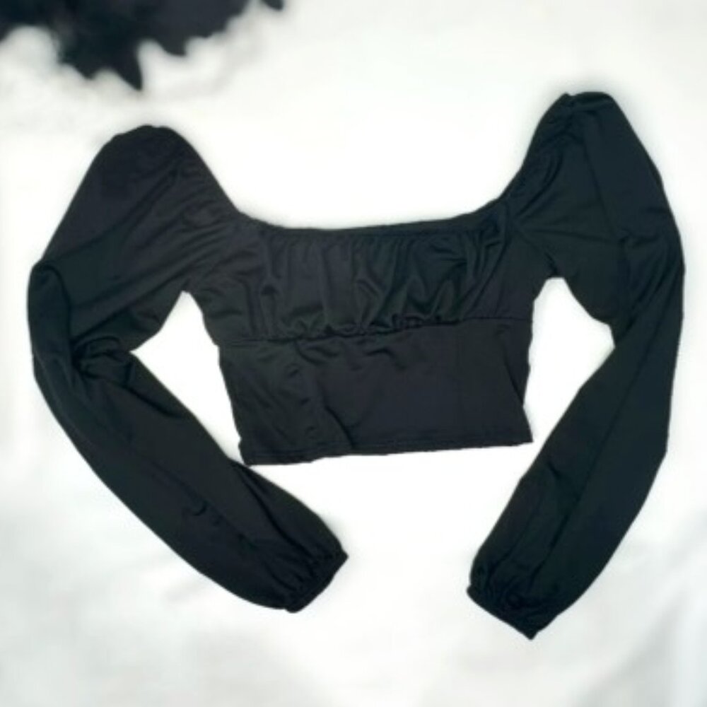 Black Off the Shoulder Cropped Top with Long Sleeves, Elegant Evening Shirt MED